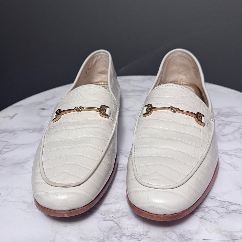 Sam Edelman Cream Croc-Embossed Leather Loafers with Gold Horsebit